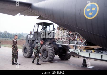 AIRMAN First Class Tracy Montgomery carica un pallet su un aereo da trasporto svedese C-130 con la guida del SENIOR AIRMAN Shane Grass e del primo tenente Steve Jacque prima del decollo dell'aeromobile. AIRMAN First Class Montgomery e AIRMAN Grass SENIOR sono entrambi specialisti del trasporto aereo con lo Squadron del Porto aereo 621st, base dell'aeronautica militare McGuire, New Jersey. Tutti sono temporaneamente assegnati al Gruppo 4100th (provvisorio). Oggetto/Serie: IMPRESA COMUNE base: Tuzla base aerea Paese: Bosnia-Erzegovina (BIH) Foto Stock