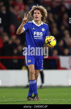 Nottingham, Inghilterra, 14th gennaio 2023. Wout Faes di Leicester City durante la partita della Premier League presso il City Ground di Nottingham. Il credito dell'immagine dovrebbe essere: Darren Staples / Sportimage Credit: Sportimage/Alamy Live News Foto Stock