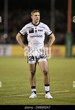 Barnet, Regno Unito. 14th Jan, 2023. EPCR Challenge Cup. Saracens V Lyon ou. Stadio StoneX. Barnet. Kyle Godwin (Lione) durante la Saracens V Lyon OU EPCR Heineken Champions Cup, Round 3, organizzano Una partita di rugby allo StoneX Stadium. Credit: Sport in Pictures/Alamy Live News Foto Stock