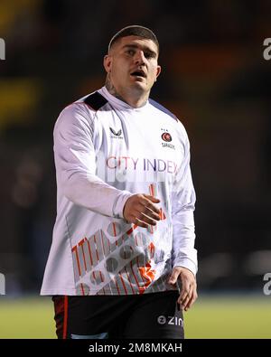 Londra, Regno Unito. 14th Jan, 2023. Marco Riccione di Saracens durante il warm-up pre-partita in vista della partita della Coppa dei campioni europea Saracens vs Lione allo StoneX Stadium, Londra, Regno Unito, 14th gennaio 2023 (Photo by Nick Browning/News Images) a Londra, Regno Unito, il 1/14/2023. (Foto di Nick Browning/News Images/Sipa USA) Credit: Sipa USA/Alamy Live News Foto Stock