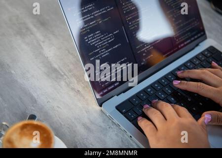 Primo piano delle mani di un programmatore femmina che scrive del codice, copia dello spazio a sinistra. Foto Stock