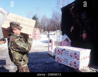 Il personale delle forze aeree degli Stati Uniti del 401st Expeditionary Air base Group carica donazioni di giocattoli, cibo e abbigliamento su un camion presso la base aerea di Tuzla, Bosnia-Erzegovina. Hanno consegnato le donazioni al Centro per la Madre e il Bambino Rifugiato a Simin Han. Il centro ospita rifugiati di Srebrenica, i cui padri sono stati uccisi o dispersi dai conflitti balcanici. Base: Tuzla Air base Paese: Bosnia and/Erzegovina (BIH) Foto Stock