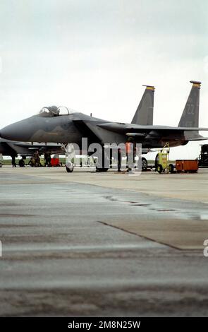 Gli US Air Force Airmen del 12th Fighter Squadron presso la base aerea di Kadena, Giappone, si ricaricano e preparano un F-15 Eagle per il decollo. L'aeromobile sarà in volo una missione che interrompe il record della missione sortie per il maggior numero di ore di volo entro tre giorni. Base: Kadena Air base Stato: Okinawa Nazione: Giappone (JPN) Foto Stock