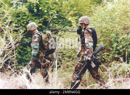 Walsh, armato di un fucile M16, parla con Marines di ricognizione da una radio sul retro del secondo tenente Glenn Schmid del corpo dei Marine statunitensi mentre cerca contrabbandieri di armi durante un esercizio di raid in elicottero. 2Lt Walsh e PFC Schmid sono in Thailandia come parte dell'elemento di combattimento a terra dell'unità di spedizione marina del 31st, squadra di atterraggio di battaglione, 3rd battaglione, 5th marines. Subject Operation/Series: COBRA GOLD '98 base: Ko Samea San Island Paese: Thailandia (THA) Foto Stock