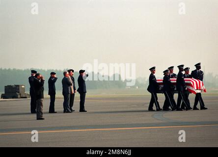 Famiglia e accompagnatori danno il giusto rispetto come la 436th Airlift Wing Honor Guard della base dell'aeronautica di dover, Delaware, passa con US Air Force primo tenente Michael J. Blassie scrigno durante la cerimonia dei piloti POW. Per 26 anni il pilota dell'aeronautica è rimasto non identificato e dal 1984 si è riposato nella Tomba degli Unknowns al cimitero nazionale di Arlington fino a quando i test del DNA non hanno confermato la sua identità nel giugno 30. Questa immagine è stata utilizzata nel numero di luglio 1998 di AIRMAN Magazine. Base: Dover Air Force base Stato: Delaware (DE) Paese: Stati Uniti d'America (USA) Foto Stock