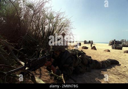 US Marine Corps CPL Scott Hoback, assegnato alla 13th Marine Expeditionary Unit, Camp Pendleton, California, armato di un fucile M-16 con lanciagranate, assume la sua posizione di punto per un assalto durante l'esercizio RIMPAC '98. Sullo sfondo si possono vedere diversi Landing Craft, Air Cushion su cui sono arrivati i Marines. Soggetto operativo/Serie: RIMPAC '98 base: Majors Beach Stato: Hawaii (HI) Paese: Stati Uniti d'America (USA) Foto Stock