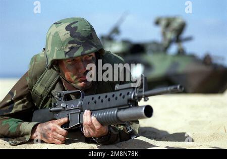 US Marine Corps SGT Scott Hobak of Co. A, 1st Light Armored Reconnaissance, Camp Pendleton, California, aiutano a proteggere la spiaggia per proteggere i partecipanti all'esercizio RIMPAC '98 che atterrano sulla spiaggia dietro di lui. Subject Operation/Series: RIMPAC '98 base: Barking Sands, Kauai Stato: Hawaii (HI) Paese: Stati Uniti d'America (USA) Foto Stock