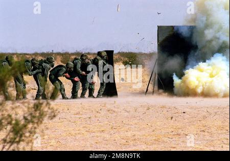 Una speciale squadra di reazione del US Marine Corps Recruit Depot, San Diego, California, sente la forza violenta di una carica esplosiva detonante mentre si allenano nell'uso di una coperta Breechers. Base: Marine Corps Air Station, Yuma Stato: Arizona (AZ) Paese: Stati Uniti d'America (USA) Foto Stock