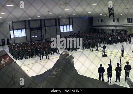 119th i membri della Fighter Wing attendono l'inizio della cerimonia di cambio di comando a Fargo, North Dakota, dove il colonnello Lyle Andvik assumerà il comando della Guardia Nazionale dell'aria del North Dakota. Alla cerimonia hanno partecipato numerosi dignitari, tra cui Charles Cragin, Vice Segretario della Difesa per gli Affari di Riserva; il Generale maggiore Keith Bjerke, il Generale Adjutant del Nord Dakota e il Generale Brigadier Craig McKinley, Vice Direttore della Guardia Nazionale dell'aria. Base: Fargo Stato: North Dakota (ND) Nazione: Stati Uniti d'America (USA) Foto Stock