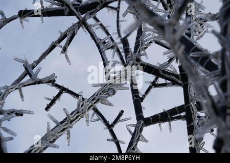 Catene leggere realizzate con lampadine bianche e cavi avvolti attorno a rami e ramoscelli di un albero. E 'usato come decorazione di Natale. Foto Stock