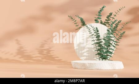 Una rappresentazione 3D di esposizione a podio rosa per il mockup di prodotto con rami verdi dell'impianto di Cinerea Eucalyptus Foto Stock