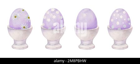 Acquerello disegnata a mano la clipart di festa di Pasqua. Set di uova dipinte in tazze di porcellana. Colore pastello. Isolato su sfondo bianco. Per gli inviti Foto Stock
