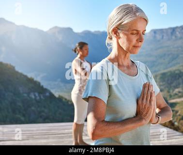 Donna anziana che medita con mani unite e occhi chiusi che respirano profondamente. Classe di persone mature che fanno yoga insieme in natura in una giornata di sole Foto Stock