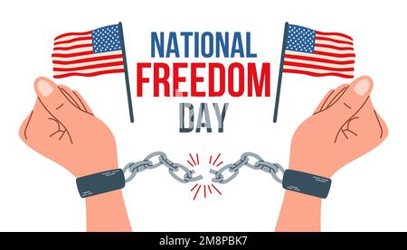 Giornata nazionale della libertà. Libertà per tutti gli americani. Illustrazione vettoriale delle mani nei bracciali e nelle bandiere americane Illustrazione Vettoriale