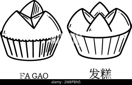 Fa gao, traduzione da illustrazione vettore torta di fortuna cinese. Dessert cinese di Capodanno in stile doodle. Illustrazione Vettoriale