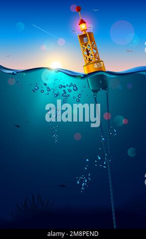 Boa marina su superficie d'acqua. La boa è incatenata sul fondale marino. Paesaggio marino subacqueo. Oceano blu profondo con cielo limpido e senza nuvole, raggi solari e orizzonte Illustrazione Vettoriale