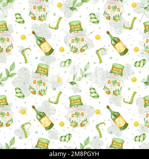 Motivo senza cuciture in acquerello per St. Giorno di Patrick. Illustrazione con gnomo, whisky, calza e ramo e moneta Foto Stock