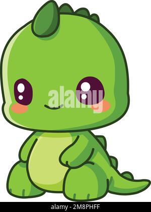 Dinosauro verde sorridente seduto in stile chibi Illustrazione Vettoriale