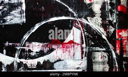 Sfondo astratto su una tela grezza. Tratti di vernice, macchie, linee, strisce, onde, cerchi. Colori rosso, bianco, nero. Caos, guerra, confusione, vendetta Foto Stock