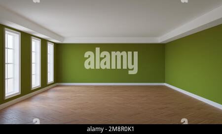 Camera vuota con pareti in cachi, soffitto bianco e cornicione, tre grandi finestre, pavimento in parquet a spina di pesce lucido e un plinto bianco. Vista prospettica, poll Foto Stock