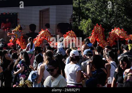 Santiago, Cile. 14th Jan, 2023. La gente guarda una performance di danza drago durante un evento che celebra il nuovo anno lunare cinese a Santiago, Cile, 14 gennaio 2023. Credit: Jorge Villegas/Xinhua/Alamy Live News Foto Stock