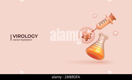 3D Vector Scientist studia il concetto di virus e batteri. Progettazione 3D realistica di provette, virus e siringhe da laboratorio medico in colori trendy. Illustrazione vettoriale in stile cartoon minimal. Illustrazione Vettoriale