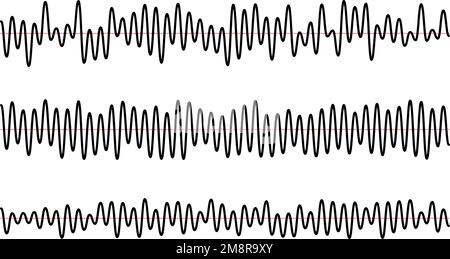 Impostazione dei segnali delle onde sonore. Raccolta diagramma tracce audio nere beats. Concetto di esempio di voce o musica. Linee di impulsi. Grafica radio elettronica con Illustrazione Vettoriale