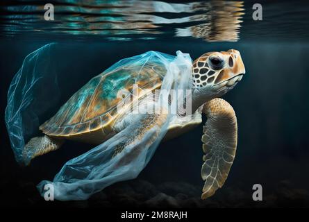 Sea turtle trapped in a plastic bag Foto Stock