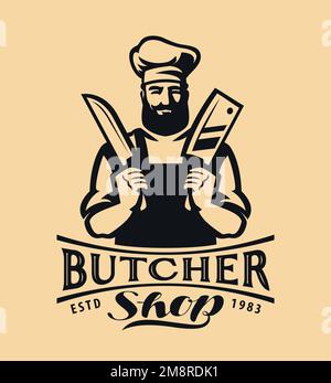 Chef o macellaio con coltelli di carne in mano. Stemma con logo macellaio per il design. Badge per alimenti agricoli. Illustrazione vettoriale Illustrazione Vettoriale