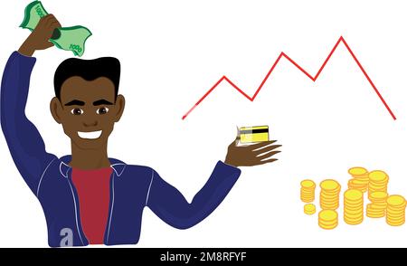 uomo d'affari che tiene soldi e una carta di credito. Finanza, economia, borsa, investimenti. E-valute e banconote. Illustrazione Vettoriale