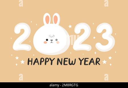 Carino divertente 2023 nuovo anno numero con simbolo coniglio.Vector cartone animato kawaii personaggio illustrazione 2023 icona. Coniglio, coniglietto simbolo di Capodanno, numero, lettere, citazione del concetto di carattere Illustrazione Vettoriale