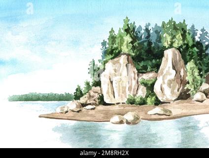 Riva rocciosa del fiume e montagne. Illustrazione a acquerello disegnata a mano, isolata su sfondo bianco Foto Stock