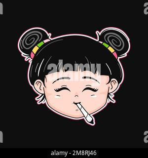 Ragazza divertente felice con giunto. Vettore mano disegnata cartoon kawaii personaggio illustrazione icona logo. Articolare di erbacce, concetto di cartone animato di cannabis kawaii Illustrazione Vettoriale