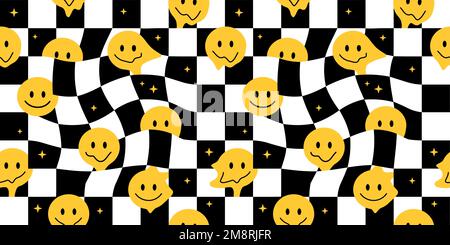 Funny folle melt sorriso geometria senza cuciture pattern.Vector pazzo cartone animato illustrazione.sorriso volto, trippy, celle senza cuciture motivo sfondo concetto di stampa Illustrazione Vettoriale