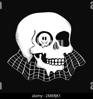 Cranio psichedelico trippy con stampa sorridente per t-shirt. Disegno vettoriale a mano doodle linea fumetto illustrazione del carattere Illustrazione Vettoriale