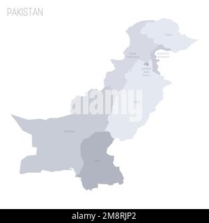 Pakistan carta politica delle divisioni amministrative - province e territori autonomi. Mappa vettoriale dei grigi con etichette. Illustrazione Vettoriale