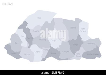 Bhutan mappa politica delle divisioni amministrative - distretti. Mappa vettoriale dei grigi con etichette. Illustrazione Vettoriale