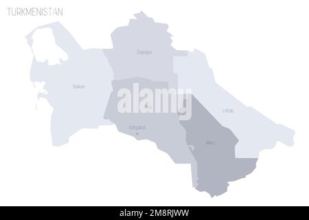 Turkmenistan Mappa politica delle divisioni amministrative - regioni e capoluogo distretto di Ashgabat. Mappa vettoriale dei grigi con etichette. Illustrazione Vettoriale