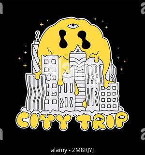 Fusione del volto sorridente e stampa della maglietta del paesaggio della grande città. Preventivo per un viaggio in città Illustrazione Vettoriale