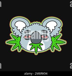 Divertente orso koala mangiare marijuana foglia. Icona del logo dell'illustrazione del carattere stile fumetto vettoriale. Isolato su sfondo bianco. Koala, erbaccia, stampa di cannabis per t-shirt, adesivo, logo, poster Illustrazione Vettoriale