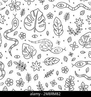 Serpenti selvaggi della giungla e fogli tropicali esotici floreali senza cuciture pattern.Vector cartone animato Doodle linea contorno personaggio disegno illustrazione Illustrazione Vettoriale