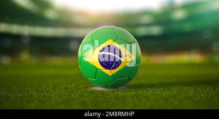 Palla di calcio con bandiera del Brasile sul campo di calcio stadio e spazio per il nome delle squadre di calcio. Campionato di calcio del Brasile concetto. 3d i Foto Stock