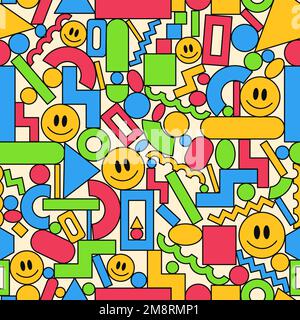 Divertente sorriso volto e figura geometria senza cuciture motivo sfondo. Disegno vettoriale a mano doodle 90s stile cartone animato illustrazione del carattere. 80s,70s geometria astratta stampa di pattern senza giunture Illustrazione Vettoriale