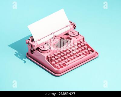 Macchina da scrivere rosa vintage su sfondo blu con spazio per il testo. illustrazione 3d Foto Stock