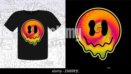 Divertente cravatta colorante psichedelico surreale fondere sorriso face.Vector tiedye cartoon personaggio illustrazione logo.Smile giallo grovy faccia cravatta colorante fuso, acido, techno, stampa trippy per t-shirt, poster, concetto di scheda Illustrazione Vettoriale