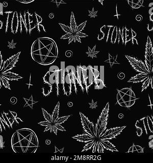 Foglia di marijuana erbaccia, citazione stoner, modello senza giunture pentagramma. Disegno vettoriale a mano. Cannabis, erbacce, motivo senza giunture, concetto di carta da parati Illustrazione Vettoriale