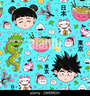 Simpatico divertente ANIME Giappone stile senza cuciture modello. Icona di illustrazione del carattere del cartoon Kawaii disegnato a mano del vettore. Cute Japan anime,manga boy,girl,drago,sushi,ramen cartoon kawaii seamless pattern concept Illustrazione Vettoriale