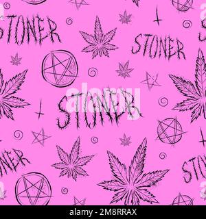 Foglia di marijuana erbaccia, citazione stoner, modello senza giunture pentagramma. Disegno vettoriale a mano. Cannabis, erbacce, motivo senza giunture, concetto di carta da parati Illustrazione Vettoriale