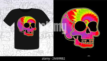 Tie dye psichedelico surreale cranio.Vector tiedye cartoon personaggio illustrazione logo.Skull tie dye melt, acido, techno, stampa trippy per t-shirt, poster, concetto di scheda Illustrazione Vettoriale