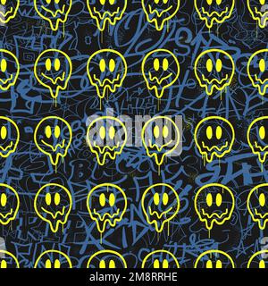 Graffiti e melt sorriso faccia senza cuciture motivo carta da parati art.Vector grafica sfondo illustrazione.Graffiti lettering, arte urbana senza cuciture motivo carta da parati concetto di stampa Illustrazione Vettoriale